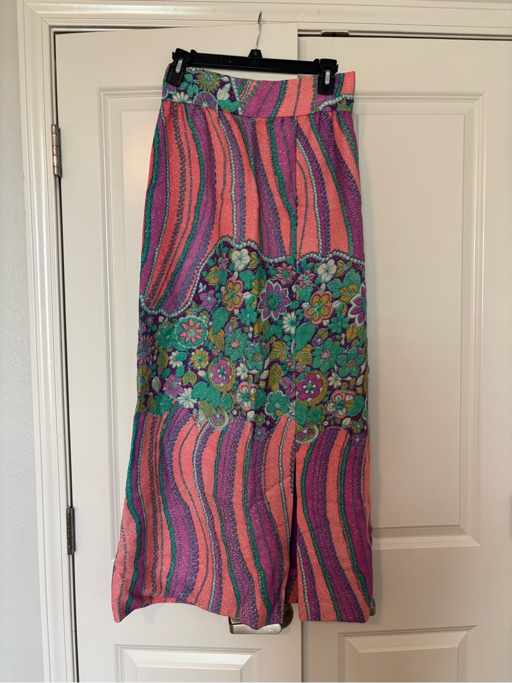 Vintage 70s Psychedelic Silver Metallic Lurex Floral Border Print Maxi Skirt